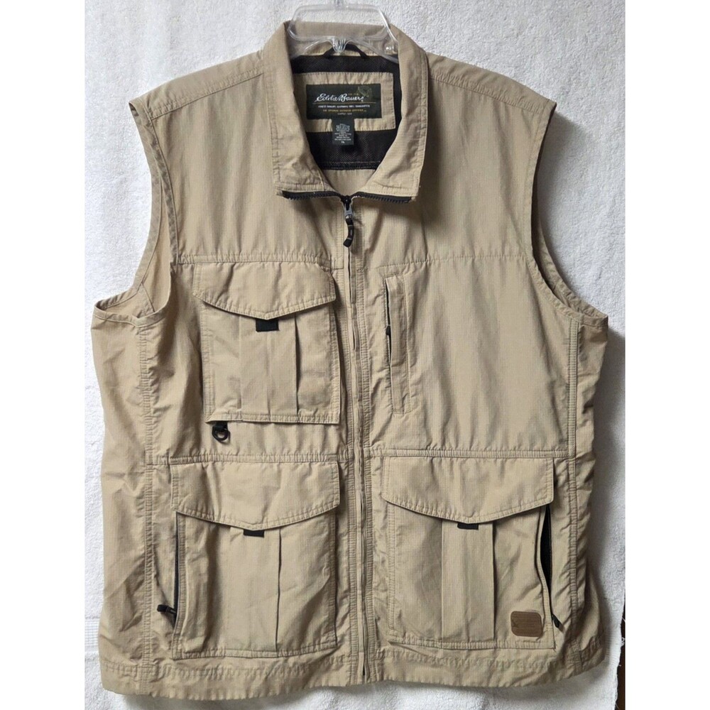 Vtg Eddie Bauer Men XL Cargo Utility Vest Beige Multi Pocket Fishing Hiking Y2K